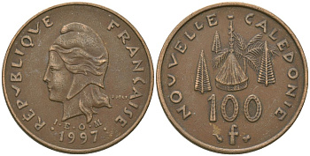 Французская Новая Каледония 100 франков 1997 хижина среди сосен и пальм, (IEOM) KM 15, Schoen 16, Lec 139a никель бронза 88-1223