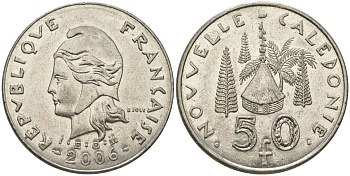 Французская Новая Каледония 50 франков 2006 хижина среди сосен и пальм, (IEOM) KM 13a, Schoen 15a, Lec 128i медно-никель 111-1225