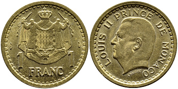 Монако 1 франк 1945 Луи II (1922-1949) KM 120 a алюминиевая бронза 4393-1255