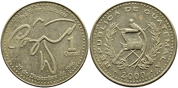 Гватемала 1 кетсаль 2000 маленькие буквы KM 284 латунь 4389-436