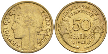 Франция 50 сантимов 1941 тип Морлон KM 894.1, Le Franc 192.18 алюминиевая бронза 44-415