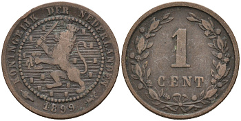 Нидерланды 1 цент 1899 Вильгельмина (1890-1948) KM 107 бронза 4576-633