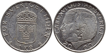Швеция 1 крона 2000 Карл XVI Густав (1973- ) KM 852а медно-никель 4364-2423
