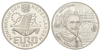 Нидерланды 20 евро 1997 350 лет со дня смерти П.К. Хофта X 134 серебро PROOF 443-1411
