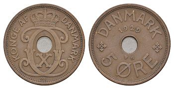 Дания 5 эре 1929 N, Кристиан X (1912-1947) KM 828 бронза 4657-244