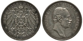 Саксония 3 марки 1909 Е, Фридрих Август III (1904-1918) Weege 132, J. 135, KM 1267 серебро 3711-1331