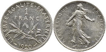 ФРАНЦИЯ 1 ФРАНК 1920 СЕЯТЕЛЬ KM 844.1 серебро 46-1245