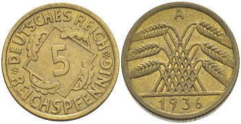 ГЕРМАНИЯ 5 РЕЙХСПФЕННИГОВ 1936 A KM 39, J. 316, Weege 7 алюминиевая бронза 206-818