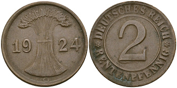 Германия 2 рентенпфеннига 1924 G KM 31 бронза 4171-1055