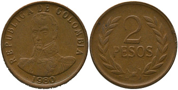 Колумбия 2 песо 1980 KM 263 бронза 4538-211