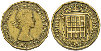 Великобритания 3 пенса 1956 Елизавета II (1952-2022) KM 900, Spink 4153 никель латунь 67-831