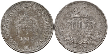 Венгрия 20 филлеров 1916 КВ, Карл I (1916-1918) KM 498 железо 4151-1012