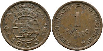 Португальская Ангола 1 эскудо 1963 KM 76 бронза 33-927