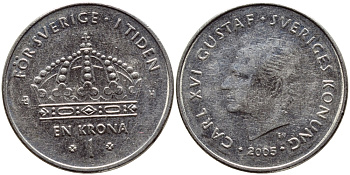Швеция 1 крона 2005 Карл XVI Густав (1973- ) KM 894 медно-никель 93-756