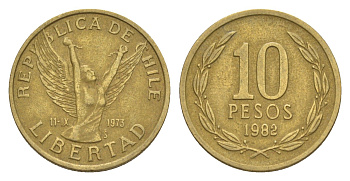 Чили 10 песо 1982 KM 218 латунь 4636-434
