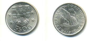 ПОРТУГАЛИЯ 5 ЭСКУДО 1977 ПАРУСНИК KM 591 медно-никель 176-247