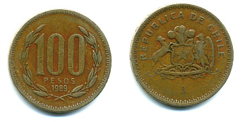 ЧИЛИ 100 ПЕСО 1989 ГЕНЕРАЛ БЕРНАРДО О ХИГГИНС KM 226.2 алюминевая бронза 35-1025