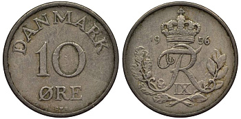ДАНИЯ 10 ЭРЕ 1956 С; S, ФРЕДЕРИК IX (1947-1972) KM 841.2 медно-никель 4549-912