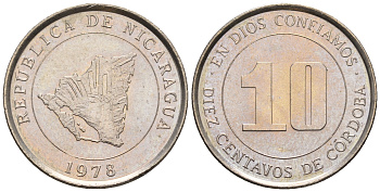 Никарагуа 10 сентаво 1978 карта страны KM 31 медно-никель  UNC  220-1223
