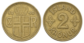 Исландия 2 кроны 1940 KM 4 алюминиевая бронза 85-631