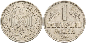 ФРГ 1 МАРКА 1966 F KM 110, J. 385 медно-никель 4551-1247