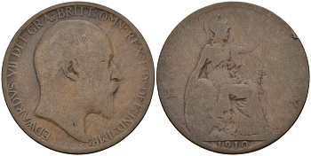 Великобритания 1/2 пенни 1910 Эдуард VII (1901-1910) KM 793.2, Spink 3991 бронза 4143-655