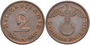 Германия 2 рейхспфеннига 1939 A KM 90, J. 362 бронза 4151-122