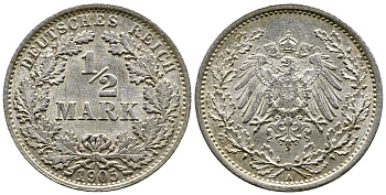 ГЕРМАНИЯ 1/2 МАРКИ 1905 А KM серебро 46-636