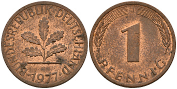 ФРГ 1 пфенниг 1977 J KM 105, J. 380 сталь плакированная медью    4598-557