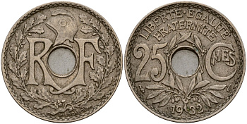 Франция 25 сантимов 1932 KM 867a медно-никель 4187-954