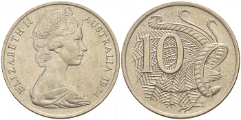 Австралия 10 центов 1974 Елизавета II (1952-), птица лирахвост KM 65 медно-никель 4539-1113