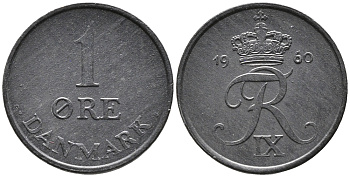 Дания 1 эре 1960 С; S, Фредерик IX (1947-1972) KM 839.2 цинк UNC 100-648