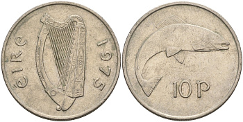 Ирландия 10 пенсов 1975 лосось KM 23 медно-никель 88-734