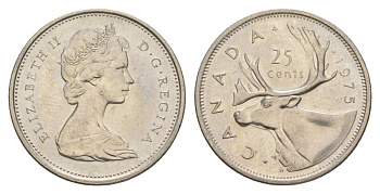 Канада 25 центов 1975 Елизавета II (1952-2022), олень KM 62b никель aUNC 4631-621
