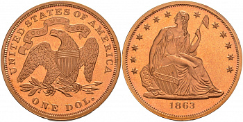 США 1 ДОЛЛАР 1863 КОПИЯ ИЗВЕСТНОЙ РЕДКОЙ МОНЕТЫ, КРАСНЫЙ МЕТАЛЛ PROOF 1088-6-33