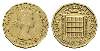 Великобритания 3 пенса 1956 Елизавета II (1952-2022) KM 900, Spink 4153 никель латунь 4121-531
