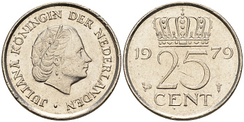 Нидерланды 25 центов 1979 Юлиана (1949-1980) КМ 183 никель    4124-154