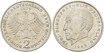ФРГ 2 МАРКИ 1976 J, КОНРАД АДЕНАУЭР KM 124, J. 406 медно-никель плакированный никелем 3718-1011