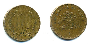 ЧИЛИ 100 ПЕСО 1998 ГЕНЕРАЛ БЕРНАРДО О ХИГГИНС KM 226.2 алюминевая бронза 35-1232