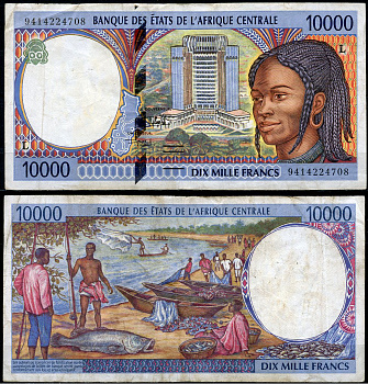 Центрально-африканские штаты, Габон 10000 франков 1994 Здание Банка центральноафриканских государств (Яунде, Камерун) Pick 405L a  бумага   6285-36-2-1