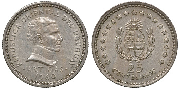 Уругвай 25 сентесимо 1960 KM 40 медно-никель 4169-762