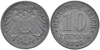 ГЕРМАНИЯ 10 ПФЕННИГОВ 1920 KM 26, J. 299 цинк 4401-146
