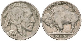 США 5 центов 1936 индеец, бизон KM 134 медно-никель 4614-1229