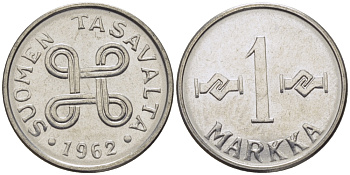 ФИНЛЯНДИЯ 1 МАРКА 1962 KM 36а железо плакированное никелем 100-222
