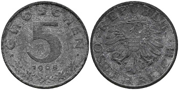 АВСТРИЯ 5 ГРОШЕЙ 1968 KM 2875 цинк 112-711