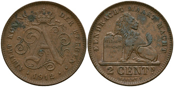 Бельгия 2 сантима 1912 Belgen KM 65 медь 4135-954