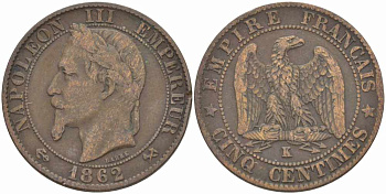 ФРАНЦИЯ 5 САНТИМОВ 1862 K, НАПОЛЕОН III (1852-1870) KM 797.3, LE FRANC 117.7 бронза 108-534