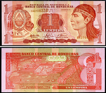 Гондурас 1 лемпира 2003 Индейский вождь Лемпира, руины древних Майя Pick 84c бумага UNC (пресс) 6283-16-1-2