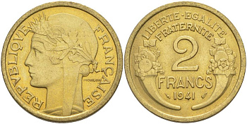 ФРАНЦИЯ 2 ФРАНКА 1941 ТИП MORLON KM 886, LE FRANC 268.14 алюминиевая бронза 3855-221