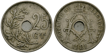 Бельгия 25 сантимов 1921 Belgique KM 68 медно-никель 4168-1231